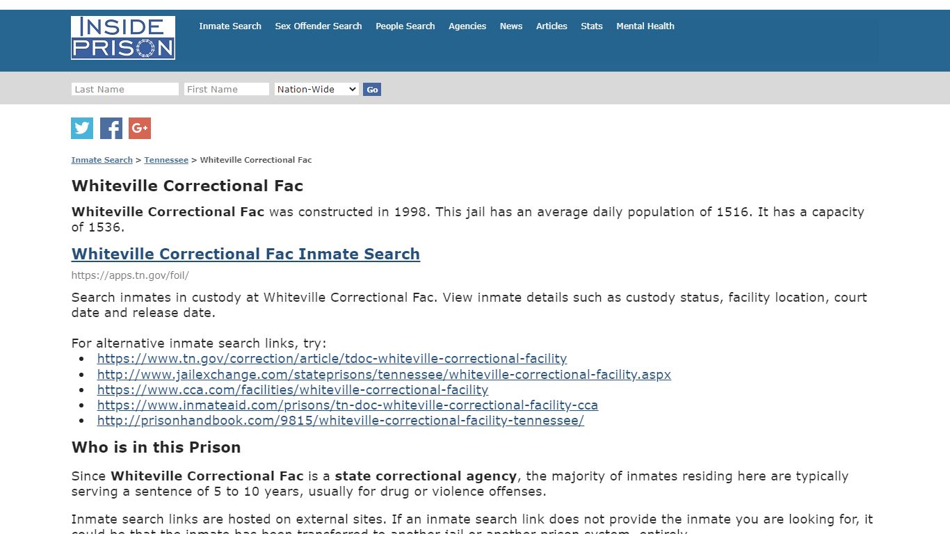 Whiteville Correctional Fac - Tennessee - Inmate Search